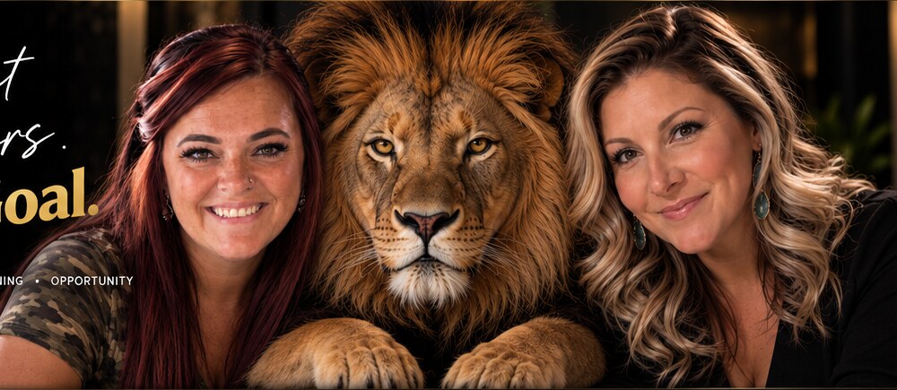 Eryca and Tansey sitting beside Legend, the Unmatched lion